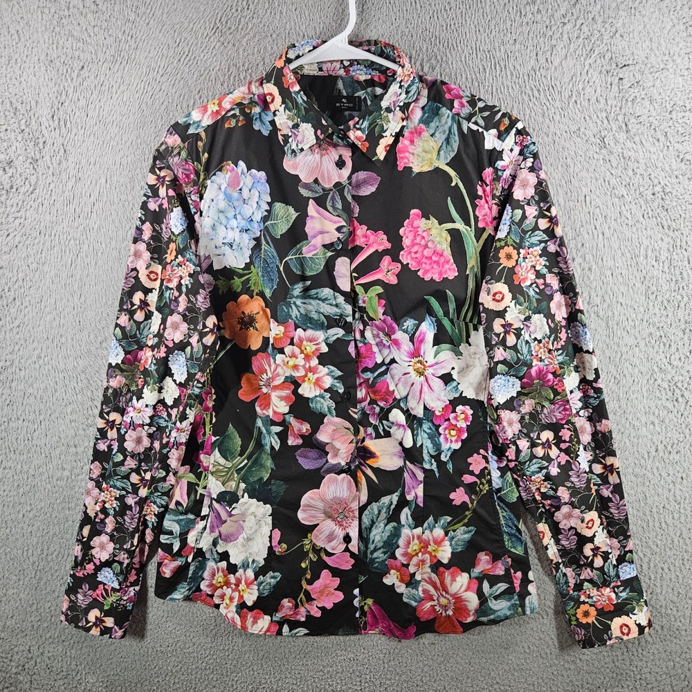 Etro Milano Floral Cotton Stretch Button Down Shirt Black Multi IT 48 Womens